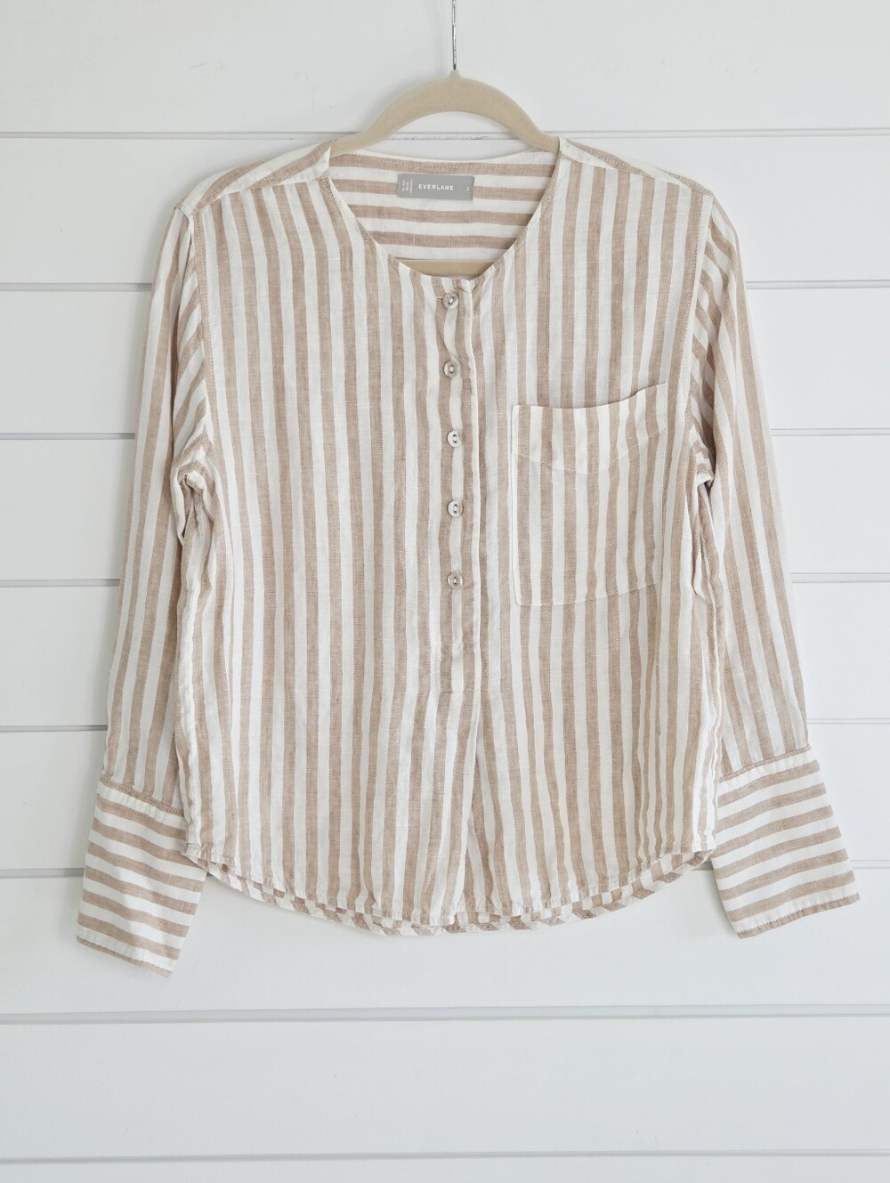 Everlane Beige and White Striped Linen Button Front Top Size 2 ( Small)
